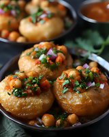 Savory stuffed potato dumplings topped with spiced chickpeas, fresh herbs, and diced red onions served on black plates with garnish for restaurant menu.