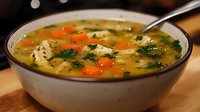 Homemade chicken soup with tender meat, carrots, noodles and fresh herbs in ceramic bowl. Warm comfort food served hot with rich golden broth.