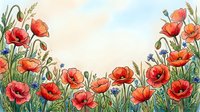 Watercolor red poppy flowers frame with green grass and wheat ears on light background for spring summer greeting cards and botanical designs.