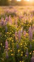 Purple lupine flowers and yellow buttercups blooming in sunny meadow during golden hour sunset creating warm natural spring landscape for wellness content.