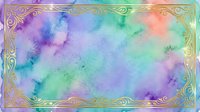 Watercolor gradient background with purple, blue, green, and coral tones blending seamlessly, ornate gold decorative border frame, isolated on transparent background for design projects.