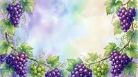 Watercolor grape vine border with purple and green clusters, leaves creating decorative frame on soft pastel background for wine, harvest themed designs.
