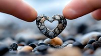 Fingers holding small heart-shaped stone against blurred pebble beach background, romantic symbol of love and nature connection, macro photography.