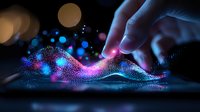 Futuristic digital wave visualization with glowing particles and human hand interaction on dark background with bokeh lights creating magical atmosphere.