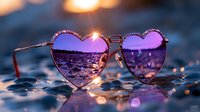 Heart-shaped sunglasses with sunset reflection lying on wet surface with bokeh lights creating romantic summer beach atmosphere and dreamy mood.