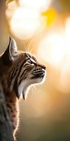 Side profile of brown tabby cat with striking blue eyes gazing upward against warm sunset bokeh background, whiskers backlit creating ethereal glow effect.