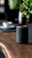Modern black leather cup with gold rim on wooden table in contemporary kitchen interior with green plants for home decor and lifestyle photography.