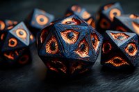 Ornate metal gaming dice with intricate engravings glowing with warm orange light against dark background for tabletop RPG and fantasy board games.