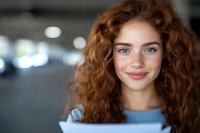 Young woman with long curly auburn hair and fair complexion smiling at camera in modern indoor setting with blurred background, suitable for portrait and lifestyle use.
