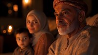 Middle Eastern family gathering in warm candlelight, senior man with traditional headwear, woman in hijab and young child sharing peaceful evening moment.