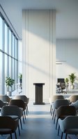 Modern minimalist office lobby with floor-to-ceiling windows, contemporary black chairs arranged in rows, sleek white wall paneling, potted plants, and natural sunlight for corporate interiors.