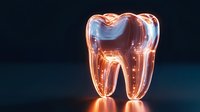 Glowing orange and blue molar tooth against dark background showcases dental anatomy with luminous effect, suitable for dental practice marketing and healthcare visuals.