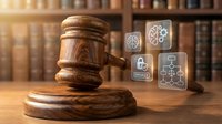 Wooden judge gavel with digital technology icons representing modern legal tech solutions in law library setting for legal services and justice.
