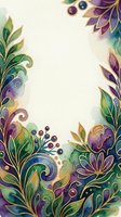 Watercolor floral frame with gold outlines, purple, green and blue leaves, swirls and berries on cream background with copy space.