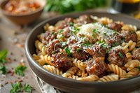Homemade fusilli pasta with tender meatballs in rich tomato sauce, topped with fresh parsley and grated parmesan cheese, served in rustic ceramic bowl.