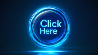 Glowing blue neon click here button with circular light rings effect on dark background, modern digital interface design for websites and applications.