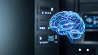Digital brain hologram with neural networks glowing in blue light against modern technology background for artificial intelligence and medical research.