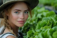 Young woman with blue eyes and braided hair wearing a hat among fresh green lettuce in garden. Perfect for organic farming and healthy lifestyle content.