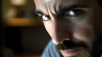 Close-up portrait of bearded man with intense gaze and dramatic lighting, showing half face in shadow against dark background, expressing determination and strength.