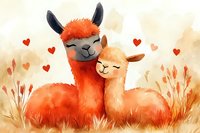 Adorable orange llamas cuddling in meadow with hearts and wheat stalks, watercolor style artwork on soft beige background. Sweet romantic animal illustration.