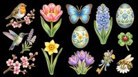 Spring clipart set with robin, hummingbird, butterfly, bee, tulip, daffodil, crocus, hyacinth, Easter eggs, clover, isolated on transparent background, ready for stickers, T-shirts, print on demand.