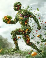 Running figure made of fresh vegetables, fruits, and green leaves in dynamic motion pose against cloudy sky, representing healthy lifestyle and vitality.