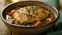 Juicy chicken breast in herb broth with colorful vegetables and aromatic seasonings served in rustic ceramic bowl on wooden surface. Fresh garnish adds flavor.