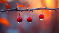 Fresh red berries with water drops hanging on bare autumn branch against blurred orange sunset background, creating serene natural composition.