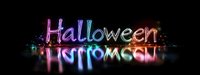 Glowing neon Halloween text with reflection on dark background creates spooky festive atmosphere for seasonal holiday designs and promotions.
