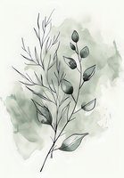 Minimalist botanical line art branch with leaves on soft sage green watercolor background, elegant nature illustration for wall art and stationery design.