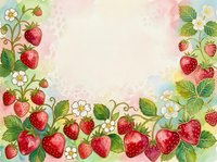 Strawberry garden border frame with white flowers and green leaves on soft pastel watercolor background, suitable for invitations, greeting cards, and decorative design projects.