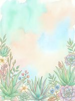 Soft watercolor background with pastel succulents, aloe, and delicate flowers in mint, peach, and lavender tones, perfect for cards and invitations.