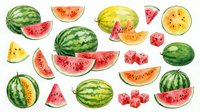 Watercolor watermelon collection with slices, cubes and whole fruits isolated on white background for summer design projects and healthy food concepts.