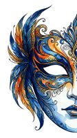 Ornate masquerade mask with blue and orange feathers, elaborate scrollwork, and decorative patterns for carnival, costume, and theatrical design projects.