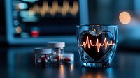 Glass with glowing heart rate pulse line and medicine pills on dark blue background, healthcare concept for cardiology and heart disease treatment.