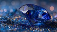 Blue diamond gemstone on sparkling glitter surface with bokeh lights background for luxury jewelry and precious stone concepts.