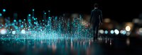 Businessman standing near glowing digital data visualization with blue light particles and network connections on dark reflective surface. Future technology concept.