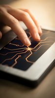 Hand touching tablet screen with glowing circuit board pattern representing digital technology, innovation and connectivity in modern computing.