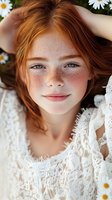 Young redhead woman with freckles lying in daisy field wearing white lace top, hands behind head, natural beauty portrait for spring and summer concepts.