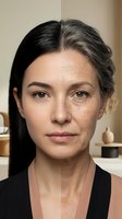 Middle-aged Caucasian woman showing aging process transformation from young to mature skin with wrinkles and gray hair for skincare and beauty concepts.