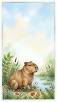 Watercolor capybara sitting by a tranquil pond with reeds, wildflowers and lush greenery, soft pastel sky with copy space above.