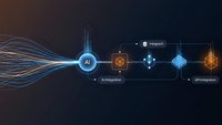 Artificial intelligence network with glowing data streams and geometric nodes showing machine learning integration and digital transformation processes.