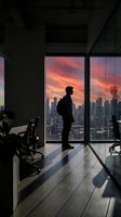 Silhouetted male professional standing at floor-to-ceiling window in modern high-rise office, gazing at dramatic sunset over urban skyline. Minimalist workspace with office chairs and plants visible. Suitable for corporate, business motivation, leadership, and career-related projects.
