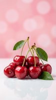 Fresh ripe red cherries with green leaves and water drops on white surface against soft pink bokeh background for summer fruit concepts.
