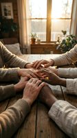 Group of people joining hands together on wooden table in warm sunlit room showing teamwork unity support and collaboration in cozy home setting.