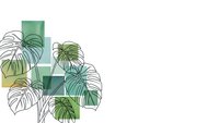 Tropical monstera leaves with geometric green squares on white background for modern botanical interior design and home decor projects.