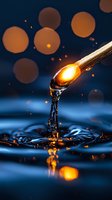 Burning match stick touching water surface creating steam and splash with orange bokeh lights against dark blue background, macro photography.