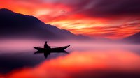 Silhouette of lone person rowing boat on misty lake at dramatic sunset with vibrant orange and purple sky reflecting in calm water against mountain backdrop.