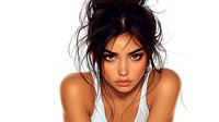Young woman with tanned skin and dark messy bun hairstyle wearing white top, looking directly at camera with confident expression and natural makeup.