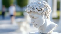Classical marble bust sculpture of young man with curly hair in outdoor park setting for educational and artistic projects.